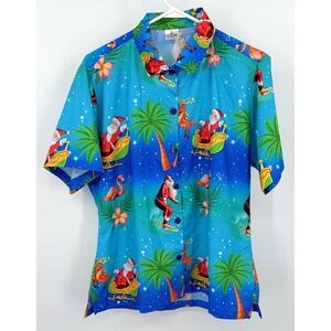 La Leela Shirt‎ Womens M Hawaiian Button Up Christmas Casual Multicolor